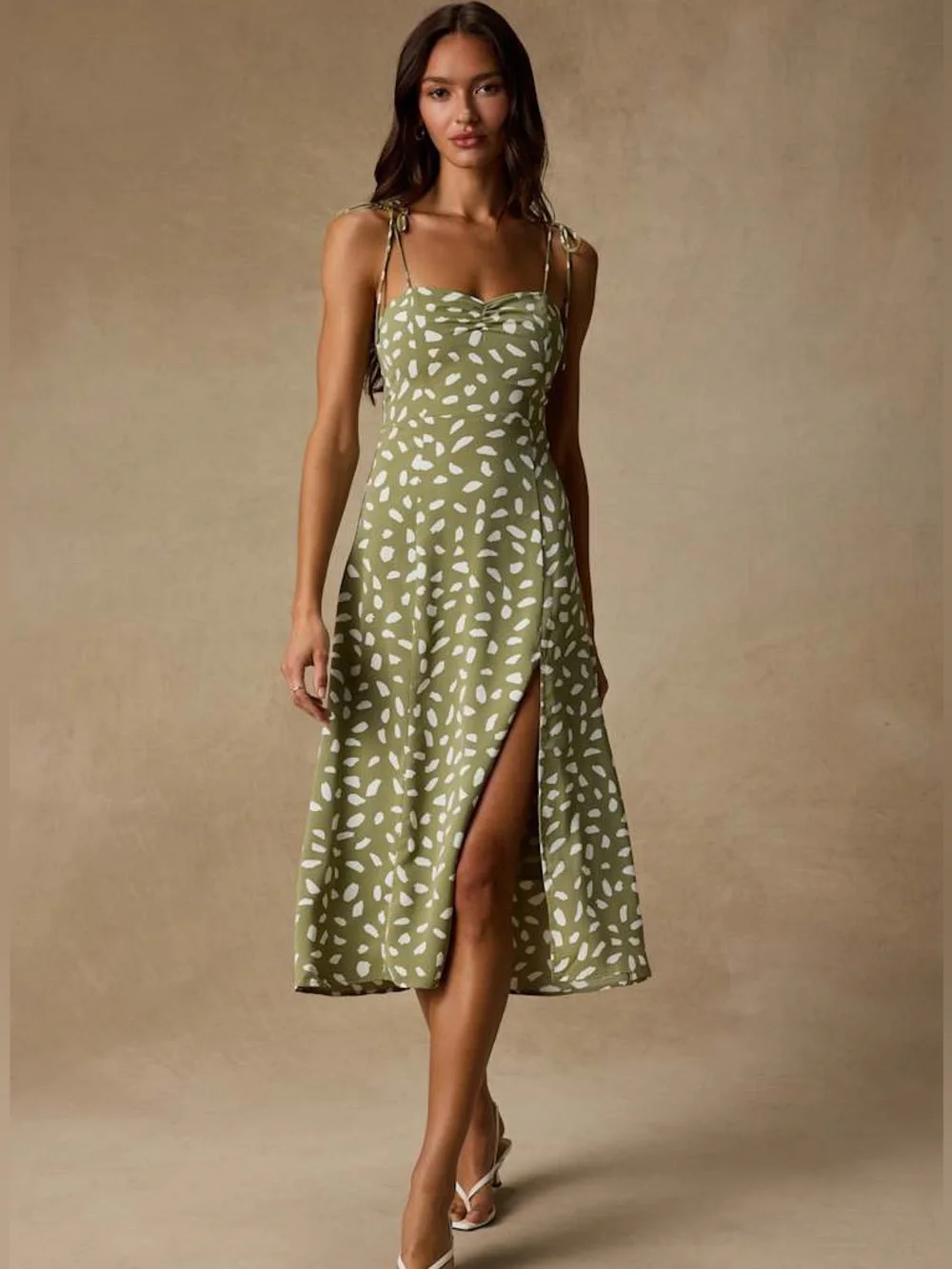 NWT Lulus Party in Paris Sage Green Print Tie-Strap Midi Dress